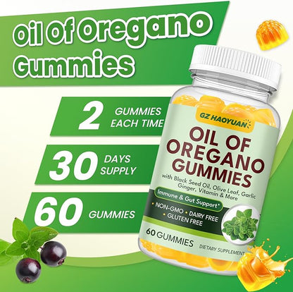 Oil of Oregano Gummies with Black Seed Oil + Vitamin D3, Oregano Oil Organic High Carvacrol, Immune & Digestive Support, Antioxidant Support, Peach & Mango Flavor, 60 Gummies