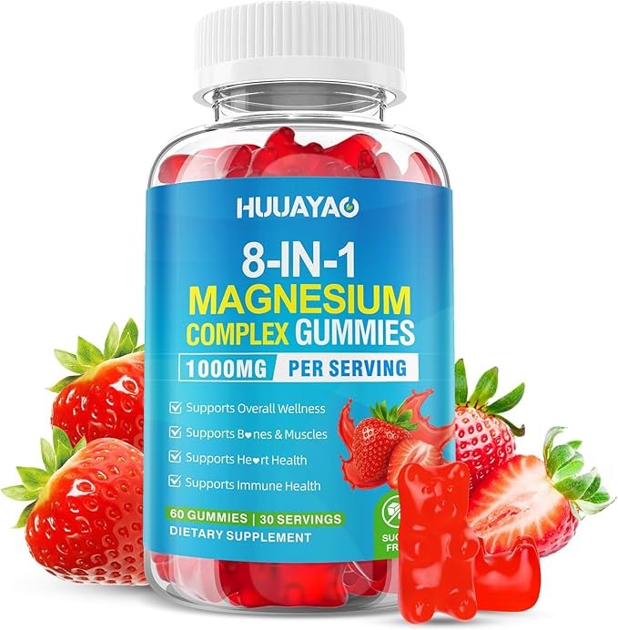 Magnesium Complex Gummies for Women Men 8 in 1, Magnesium Glycinate, Citrate, Malate, Taurate, Supports Bones, Muscle, Nerve Health, Sugar-Free, Vegan Non-GMO, Strawberry Flavor, 60 Count