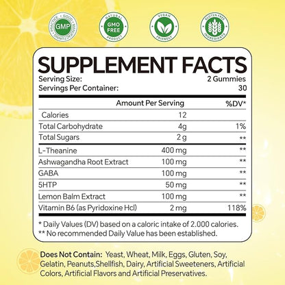 L-Theanine Gummies for Kids & Adults, l'theanine 400mg with Ashwagandha, GABA, 5HTP,L-Theanine Chewable Supplement for Relax, Zzz & Focus Support,Lemon Flavor