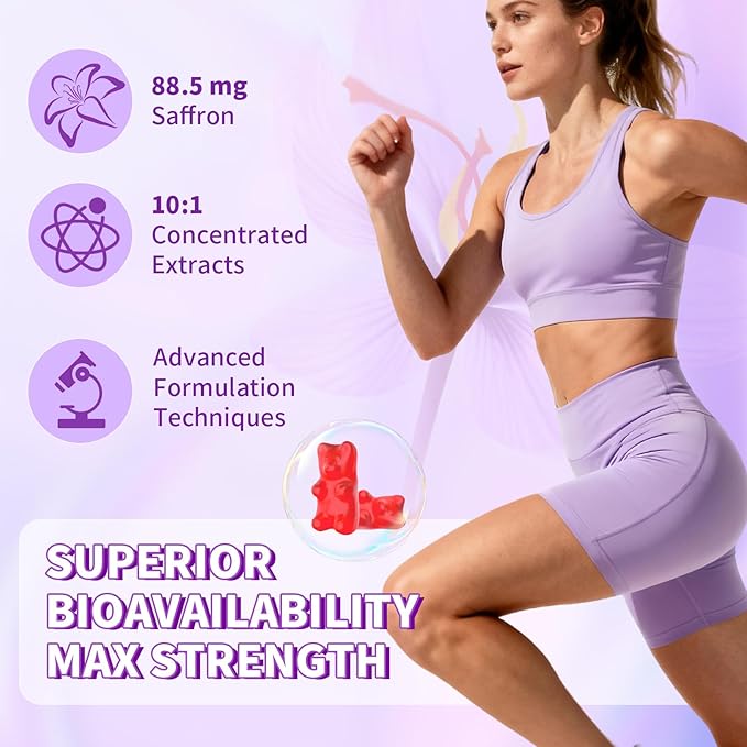 Saffron Gummies, Saffron Supplements for Kids & Adults with Ashwagandha, L-Theanine, Lemon Balm, Vitamin D3, B6, Magnesium & Zinc - Support Focus, Relaxation, Raspberry Flavor, 60 Count