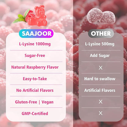 L-Lysine 1000mg Gummies for Immune Support & Skin Health - Vegan, Gluten Free Amino Acid Supplement for Adults, Raspberry Flavor, 120 Gummies