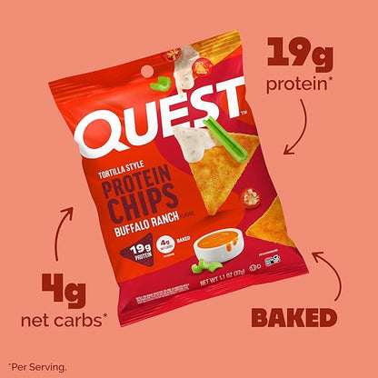 Quest Nutrition Tortilla Style Protein Chips, Buffalo Ranch, 19g of Protein, 4g Net Carbs, Gluten Free Protein Snack, 1.1 Ounce, 4 count