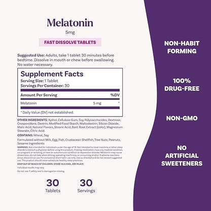 Natrol Fast Dissolve Melatonin 5 mg, Melatonin Supplements for Restful Sleep, Sleep Support for Adults, 30 Strawberry-Flavored Tablets, Up to a 30 Day Supply
