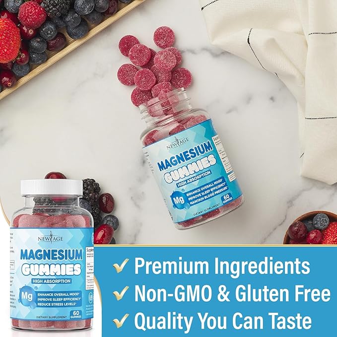 Magnesium Gummies - Calming Anti-Stress Gummies, Magnesium Supplement for Adults and Kids, Vegan, Gelatin-Free, Gluten-Free, Non-GMO, Delicious Natural Raspberry Flavor- 180 Count - by New Age