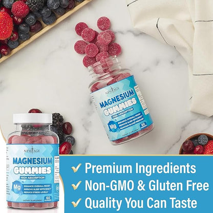 Magnesium Gummies - Calming Anti-Stress Gummies, Magnesium Supplement for Adults and Kids, Vegan, Gelatin-Free, Gluten-Free, Non-GMO, Delicious Natural Raspberry Flavor- 180 Count - by New Age
