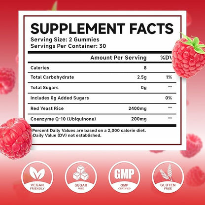 MEENCCD Red Yeast Rice with CoQ10 Gummies, Red Yeast Rice Supplement with Coenzyme Q10 for Overall Well-Being, Sugar Free, Vegan, Raspberry Flavor, 60 Count