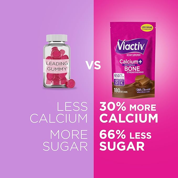 Viactiv Calcium + Vitamin D Supplement Soft Chews for Women & Men - Chewable Calcium for Bone Health Support, 650 mg per Serving, Vitamin D & K for High Absorption - 180 Count, Milk Chocolate