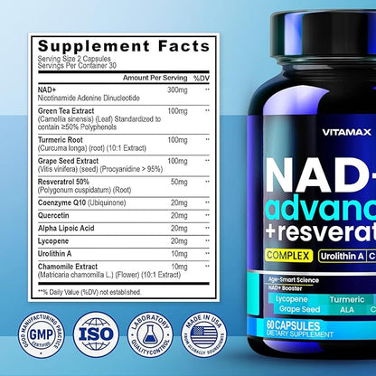 Liposomal NAD+ Supplement Extra Strength | Urolithin A, Resveratrol, CoQ10 - Women & Men - ALA, Green Tea, Quercetin, Lycopene | High Purity, Energy & Regeneration - Made in USA – 60ct