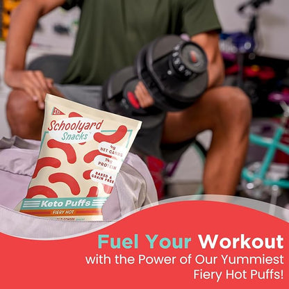 Schoolyard Keto (Fiery Hot) Protein Puffs - Low Carb, Low Sugar, 14g Protein, Gluten Free, High Protein Snack - Healthy, Diabetic Friendly, Low Calorie for kids and Adults | USA Made, (12 Pack)