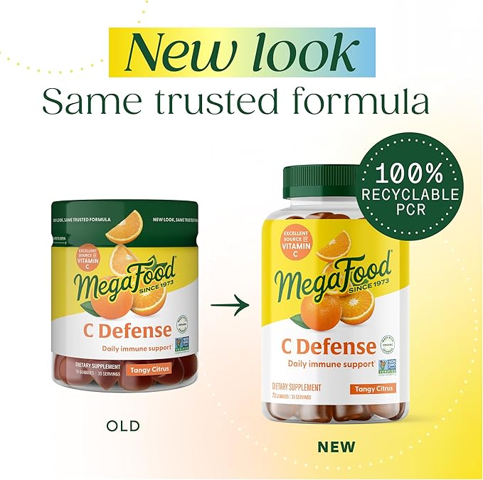 MegaFood C Defense Daily Vitamin C Supplement - Chewable Vitamin C Gummies, Immune Support Supplement, Tangy Citrus Flavor, Made with Real Food, Vegan - 70 Gummy Vitamins, 35 Servings