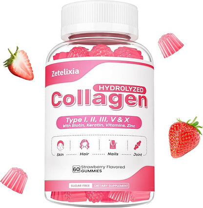 Collagen Gummies for Women Men, Hydrolyzed Collagen Peptide Type I,II,III,V,X with Biotin, Vitamin C A B D E for Skin Hair Nails J0ints, Immunity Energy Digestion, Sugar Free, 60 Count