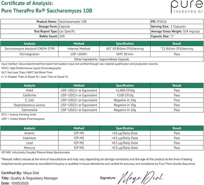Pure Therapro Rx Saccharomyces Boulardii Probiotics 10 Billion CFU - Made in USA | No Fillers, Patented Strain: Lynside CNCM I-3799 Probiotics for Men and Women 240 Capsules
