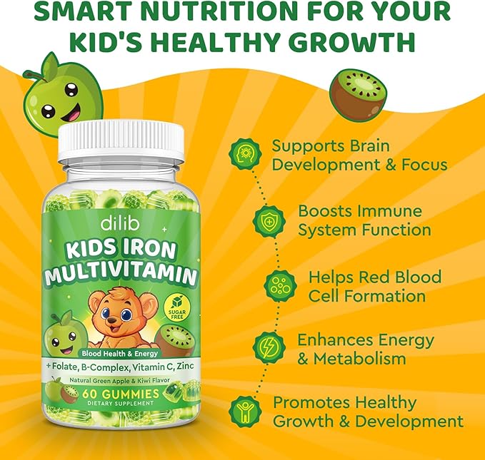 Iron Supplement Gummies for Kids, Kids Multivitamin with Iron Gummies - Zinc, Vitamin B Complex, A, C, D3, B12, Folate for Blood Builder & Energy Support, Vegan Sugar Free Green Apple & Kiwi 60ct
