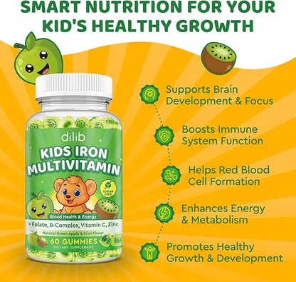 Iron Supplement Gummies for Kids, Kids Multivitamin with Iron Gummies - Zinc, Vitamin B Complex, A, C, D3, B12, Folate for Blood Builder & Energy Support, Vegan Sugar Free Green Apple & Kiwi 60ct