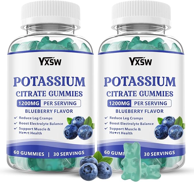 Potassium Citrate 1200mg Gummies for Adults Women & Men, Chewable Potassium Supplement for Muscle Health & Electrolyte Support, Sugar Free, Blueberry Flavor, 120 Count
