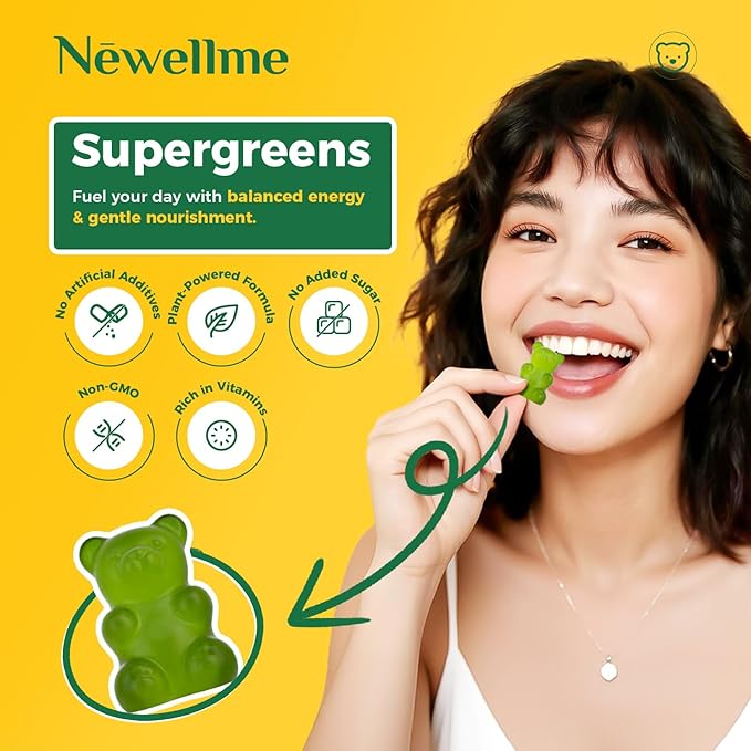 NEWELLME Daily Super Greens Gummies - 6g Fiber per Serving - Sugar-Free, Vegan & Gluten-Free - Essential Multivitamin with Probiotics for Digestive Health, Energy & Immunity - 14 Grab-and-Go Packs