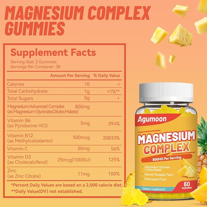 Magnesium Complex Gummies 800mg with Zinc & Vitamins B6, B12, C, D3, 120 Pineapple Gummies, High Absorption Glycinate, Citrate, Malate, Non-GMO, Gluten-Free