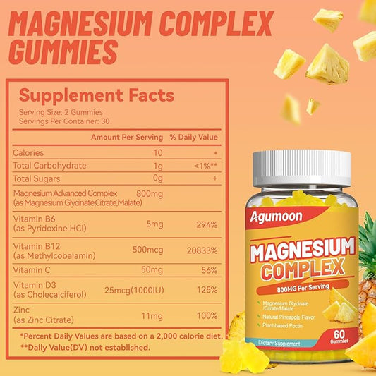 Magnesium Complex Gummies 800mg with Zinc & Vitamins B6, B12, C, D3, 60 Pineapple Gummies, High Absorption Glycinate, Citrate, Malate, Non-GMO, Gluten-Free