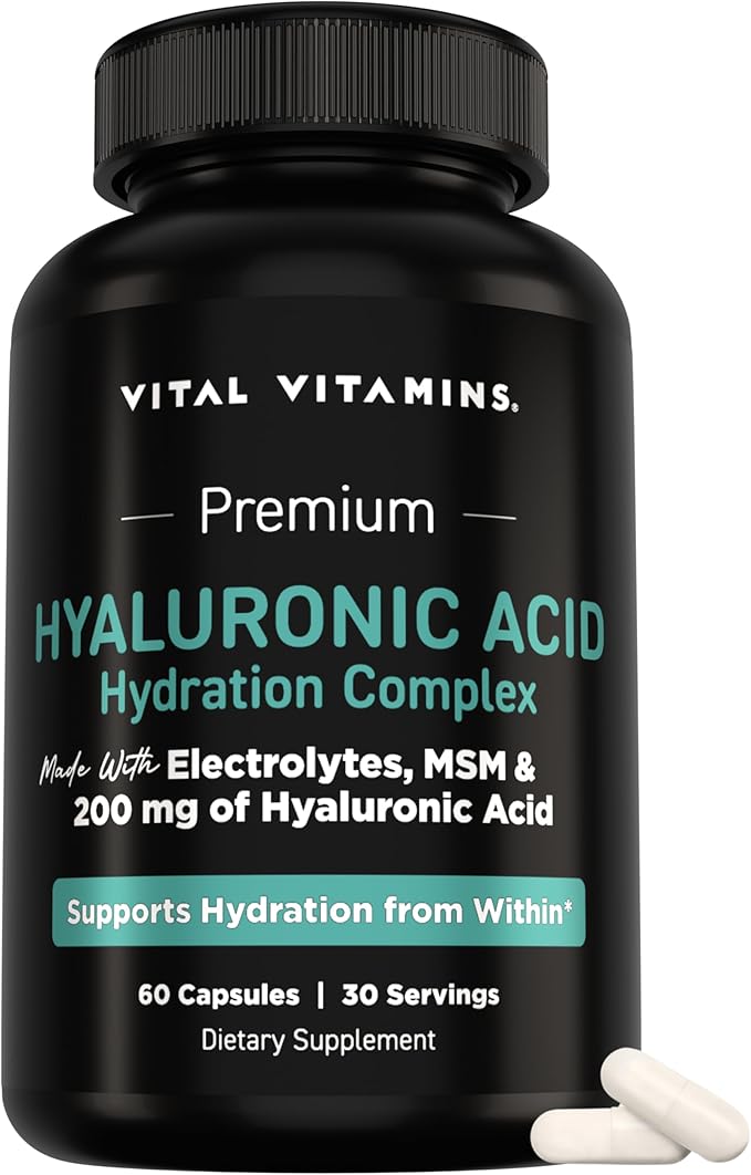 Vital Vitamins Hyaluronic Acid Supplement Hydration Complex - with Hyaluronic Acid, MSM, Vitamin C, Coconut Water Powder, & Silica - Skin Hydration Supplements - Non-GMO - 60 Capsules, 30 Servings