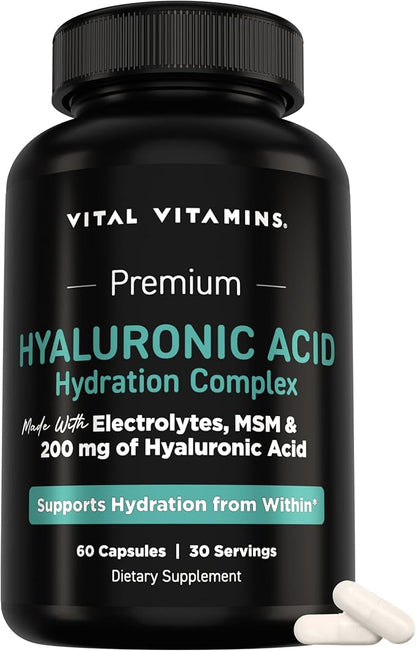 Vital Vitamins Hyaluronic Acid Supplement Hydration Complex - with Hyaluronic Acid, MSM, Vitamin C, Coconut Water Powder, & Silica - Skin Hydration Supplements - Non-GMO - 60 Capsules, 30 Servings