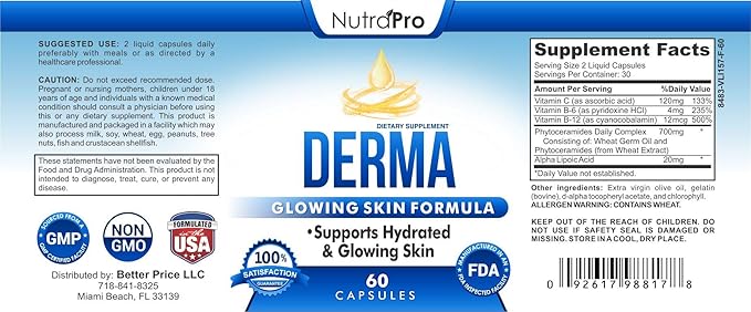 Dermal Repair Complex for Hydrated, Glowing Skin –Anti Aging Supplement with Phytoceramides & Alpha Lipoic Acid. Fast Results Hydration Pills Enhances Smoothness & Reduces Wrinkles. 60 Liquid Capsules