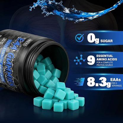 EAA Gummies - 2:1:1 BCAA Formula (8300mg) - Essential Amino Acids for Muscle Recovery & Endurance - Non-GMO, Gluten Free, Sugar Free, Vegetarian, Blue Raspberry Flavor - 90 Count