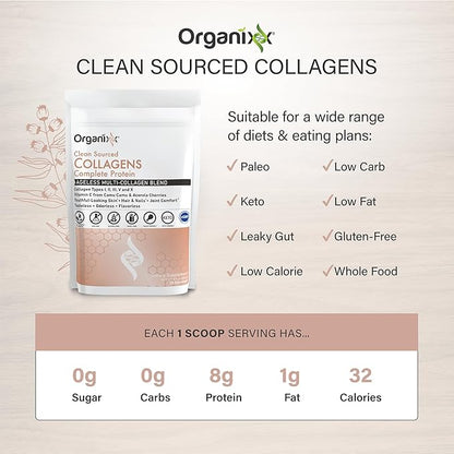 Organixx Clean Sourced Collagen Peptides Powder with Vitamin C, Types I, II, III, V, X Hydrolyzed Collagen, Hair, Nail, Skin, Bone & Joint Health, Aging Support, Gluten Free, Unflavored, 30 Servings