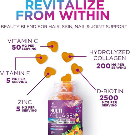 Collagen Peptides Gummies with 2500mcg Biotin Per Serving - Hair Growth, Skin & Nails Supplement - Hydrolyzed Collagen Multi Type I & III, Vitamin C for Immune Support, Orange Flavor, 120 Gummies
