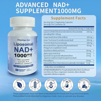 NAD Supplement 1000mg, Liposomal NAD+ Supplement with Resveratrol, Glutathione & Astaxanthin - Support Cellular Health, Stamina & Healthy Aging, NMN Supplement Alternative – 60 Capsules