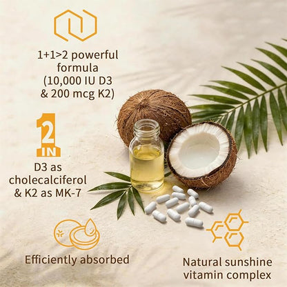 2-in-1 Vitamin D3 K2 Supplement Capsules, Vitamin D3 10000 IU and Vitamin K2 200 mcg, K2 MK7 with D3 Vitamin Supplement Support Immune, Heart, Joint, Teeth & Bone Health