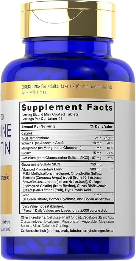 Carlyle Glucosamine Chondroitin MSM | 250 Mini Tablets | Advanced Formula with Turmeric | Non-GMO, Gluten Free