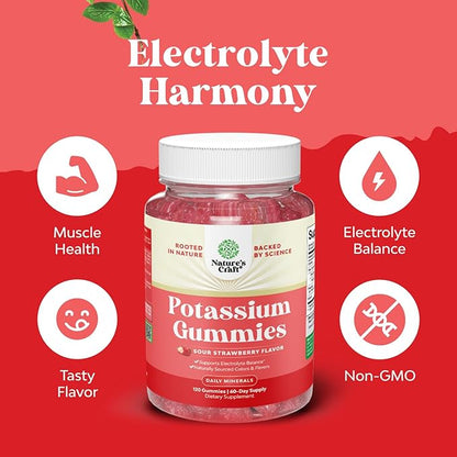 High Potency Potassium Gummies for Adults - Powerful Potassium Supplement Gummies for Optimal Health - Delicious Strawberry-Flavored - Vegan - 120 Count