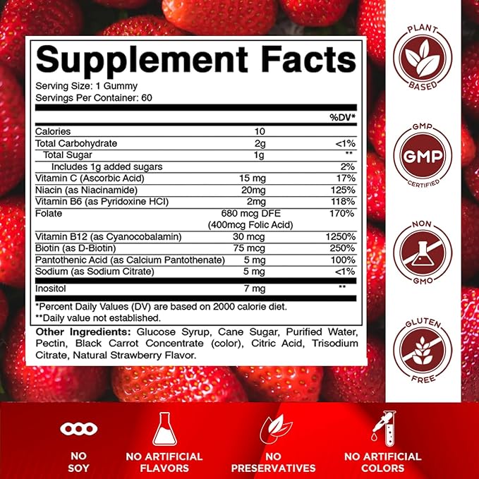 Vitamatic Vitamin B Complex Gummies with Vitamin C & Inositol - Natural Strawberry Flavor - 60 Gummies (1 Bottle)