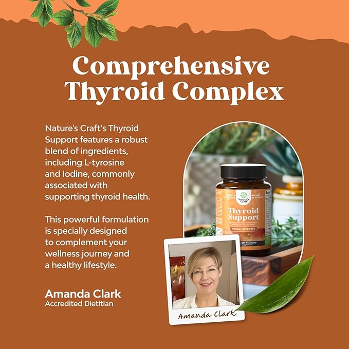 Natures Craft Herbal Thyroid Support Complex - Potent Kelp Iodine Supplement with L Tyrosine, Bladderwrack, Selenium & Pure Ashwagandha for Hormone Balance - Mood & Energy Dietary Pills - 120 Count