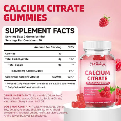Calcium Citrate Gummies 1200mg Chewable Calcium Supplement for Women & Men, Supports Bone, Muscle & Immune Health, Sugar-Free, Non-GMO, Gluten-Free, Natural Raspberry Flavor, 60 Count