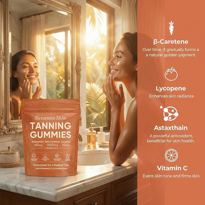 Savanna Skin Tanning Gummies, with Astaxanthin, Beta-Carotene, Lycopene & Vitamins, Radiant Healthy Skin, Vitality Support & Hydration, Vegan, Sugar-Free, Sour Watermelon Flavor, 60 Count (1)