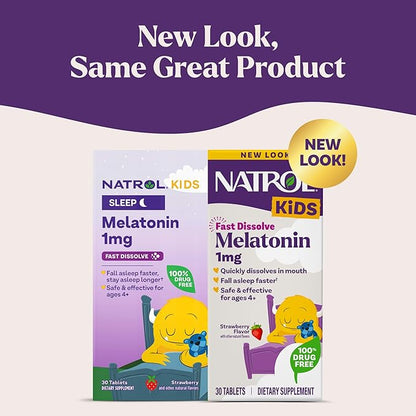 Natrol Kids Fast Dissolve Melatonin 1 mg, Dietary Supplement for Restful Sleep, Sleep Tablets for Kids, 30 Strawberry-Flavored Melatonin Tablets, 30 Day Supply