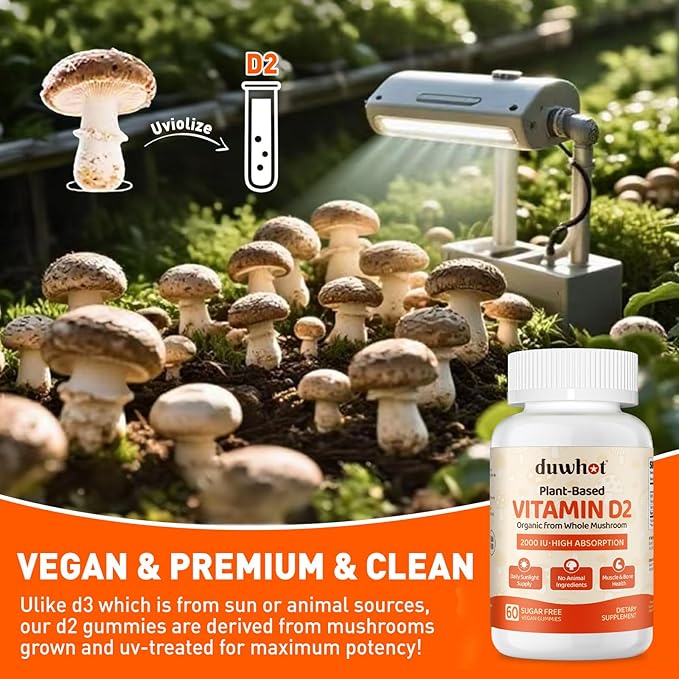 duwhot Vitamin D2 Gummies 2000 IU, Plant-Based Vitamin D Supplement from Whole Mushroom, for Bone, Muscle & Immune Support, Daily Sunshine Supply, Vegan, Non-GMO, Orange, 60 Chews