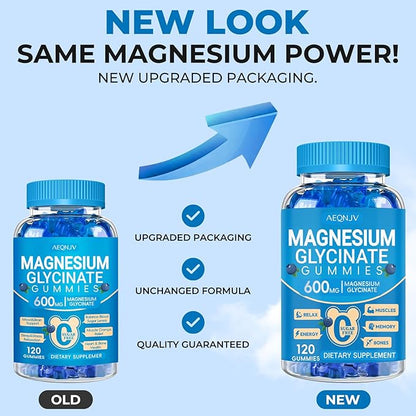 Magnesium Glycinate Gummies 600mg, Chewable Sugar Free Potassium Magnesium Gummies, Vitamin D, B6, and CoQ10 for Calm Support & Sleep for Adults, 60 Days Supply, 2 Pack