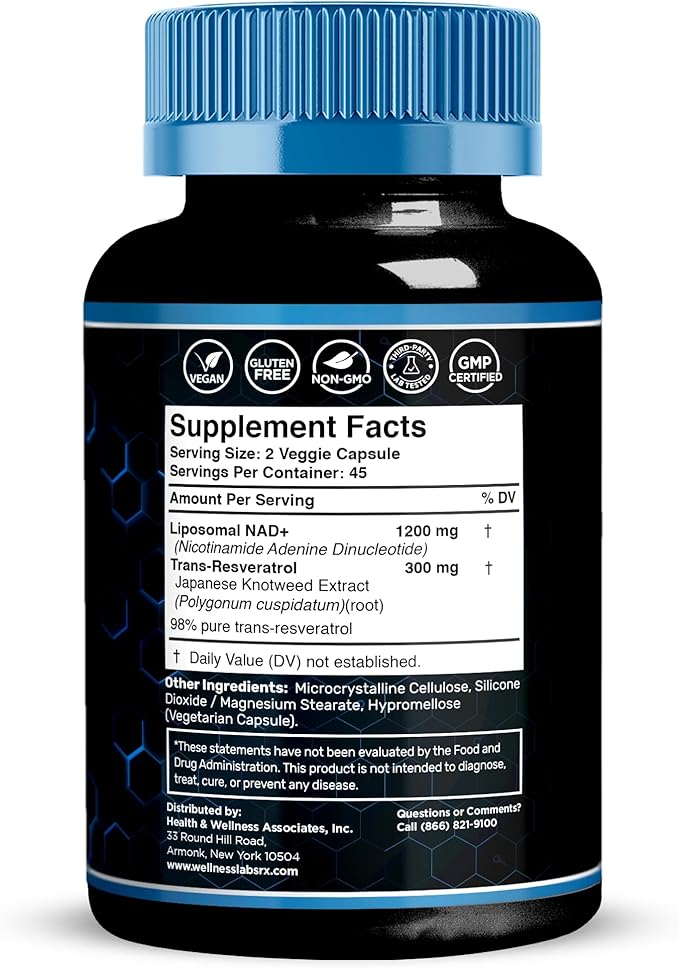 WELLNESS LABSRX Liposomal NAD Supplement, 1500mg - USA Made, NAD Resveratrol Supplement for Women and Men, NAD+ Support Cellular Health, Energy & Anti Aging - 2 Pack