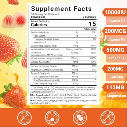 Vitamin D3 K2 Gummies, Sugar Free D3 K2 Vitamin with Omega 3, Calcium, Magnesium for Bone Muscle Teeth Immune