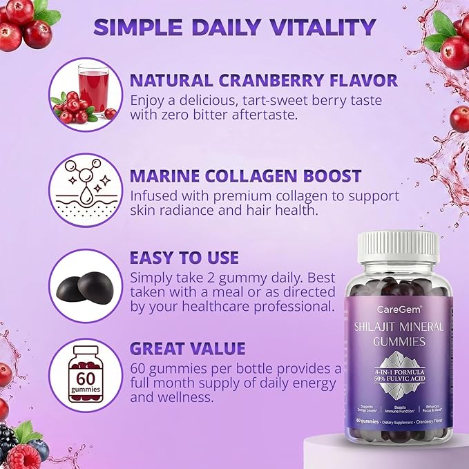 Natural Shilajit Gummies | 8-in-1 Complex with Ashwagandha, Ginseng & Collagen | 50% Fulvic Acid & 85+ Trace Minerals | Energy, Stress & Immune Support | Cranberry Flavor 60ct