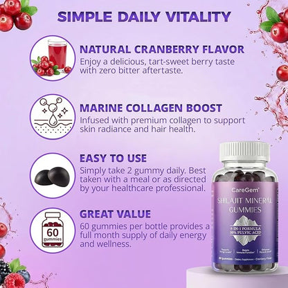 Natural Shilajit Gummies | 8-in-1 Complex with Ashwagandha, Ginseng & Collagen | 50% Fulvic Acid & 85+ Trace Minerals | Energy, Stress & Immune Support | Cranberry Flavor 60ct