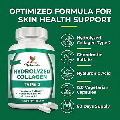Collagen Type 2 Hydrolyzed Supplement with Chondroitin and Hyaluronic, for Healthy Hair, Skin, and Nails, No Fillers, Additives, and No Artificial Colors - 120 Vegetarian Capsules