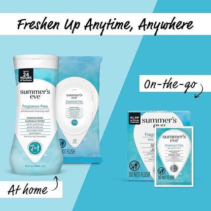 Summer's Eve Fragrance-Free Feminine Wipes, Gentle pH-Balanced Micellar Water Based Formula Helps Control Vaginal Odor, Resealable Pack, 32 Wipes