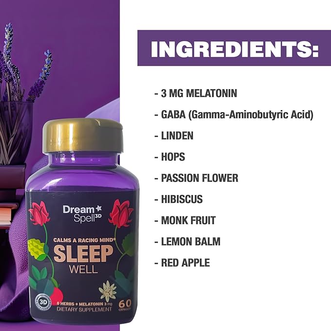 Dream Spell 3D Natural-Based Sleep Aid - Soothes an overactive Mind at Bedtime, No Next-Day Grogginess- Drug-Free with 3Mg Melatonin, GABA, Hops - Restful Nights, Refreshed Mornings - 30 Capsules