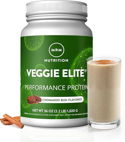 MRM Veggie Elite Performance Protein - Cinnamon Bun, Plant-Based Powder, 24g Protein per Serving with BCAAs & Digestive Enzymes, Clinically Tested - Vegan, Gluten-Free - 30 Servings
