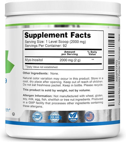 Zazzee Myo-Inositol Powder, 6 Month Supply, 183 Servings, 2000 mg per Serving, Free Scoop for Exact Dosage, 12.91 Ounces, Certified Kosher, 100% Pure, Fertility & Reproductive Support, Made in the USA