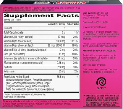 Airborne 1000mg Vitamin C with Vitamin D & Zinc, Sugar Free Multivitamin Immune Support Supplement, Antioxidants Vitamins A C & Vitamin E, 30 Effervescent Tablets, Very Berry Flavor