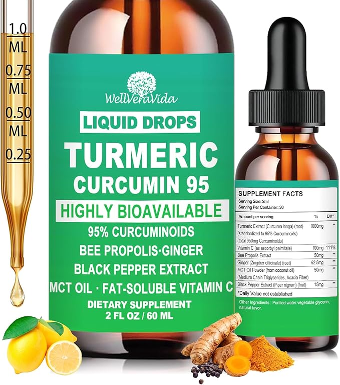 Turmeric Curcumin Supplement Drops with 95% Curcuminoids, Enhanced Absorption Liquid Turmeric Complex 1000mg w/Bee Propolis Ginger MCT Oil Vitamin C & Black Pepper for Joint & Immune Support | Non GMO